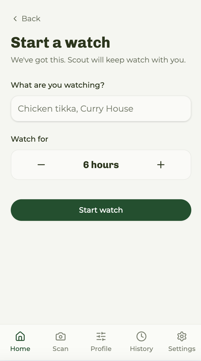 Scout Start a watch screen with duration selector and Start watch button