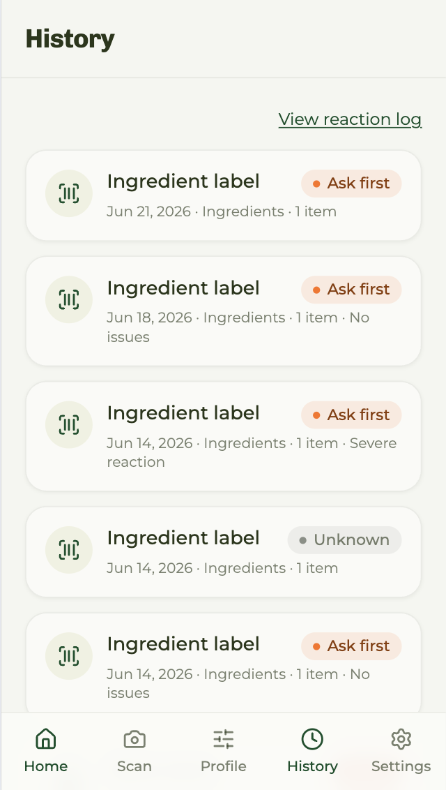 Scout History screen showing ingredient label scans, Ask first status, and View reaction log link