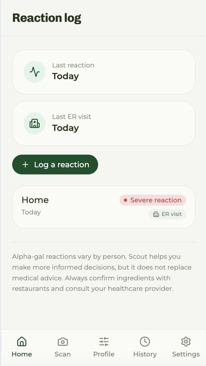 Scout Reaction Log screen showing last reaction, ER visit, and Log a reaction button