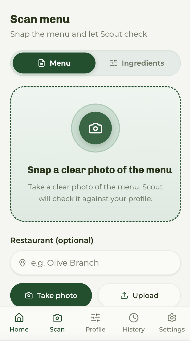 Scout Scan menu screen with camera capture area and restaurant field