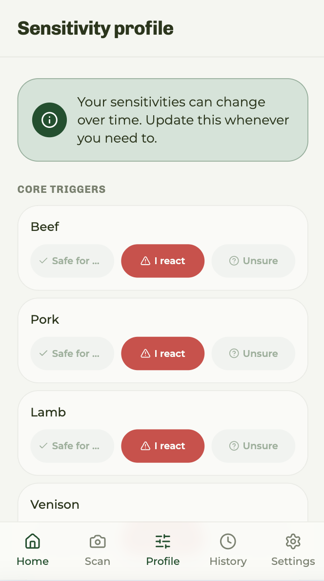 Scout Sensitivity Profile screen showing core triggers with Safe for me, I react, and Unsure options