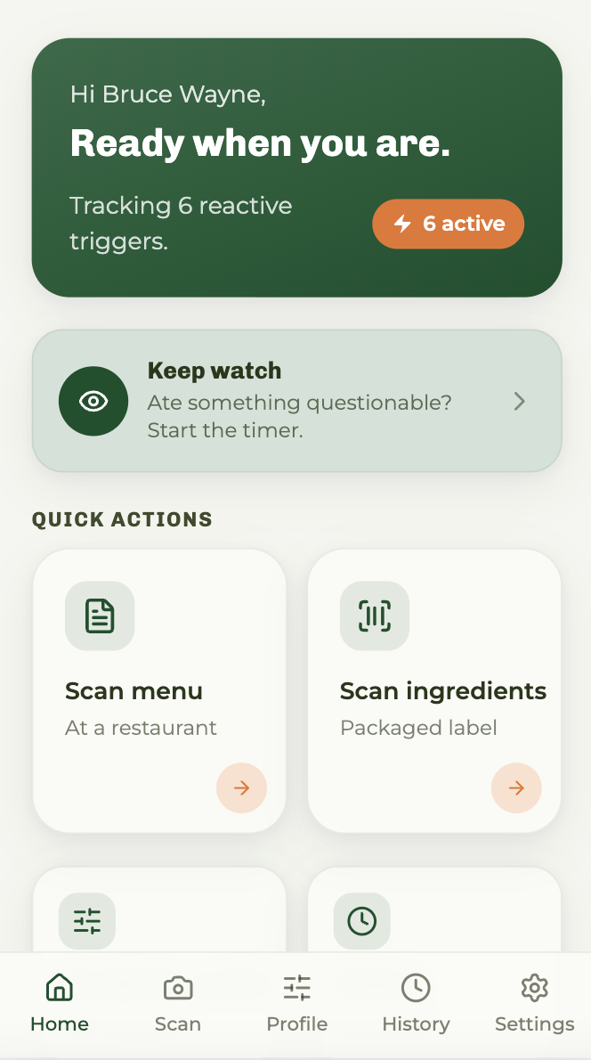 Scout app home screen showing greeting, active triggers, Keep watch, and quick actions